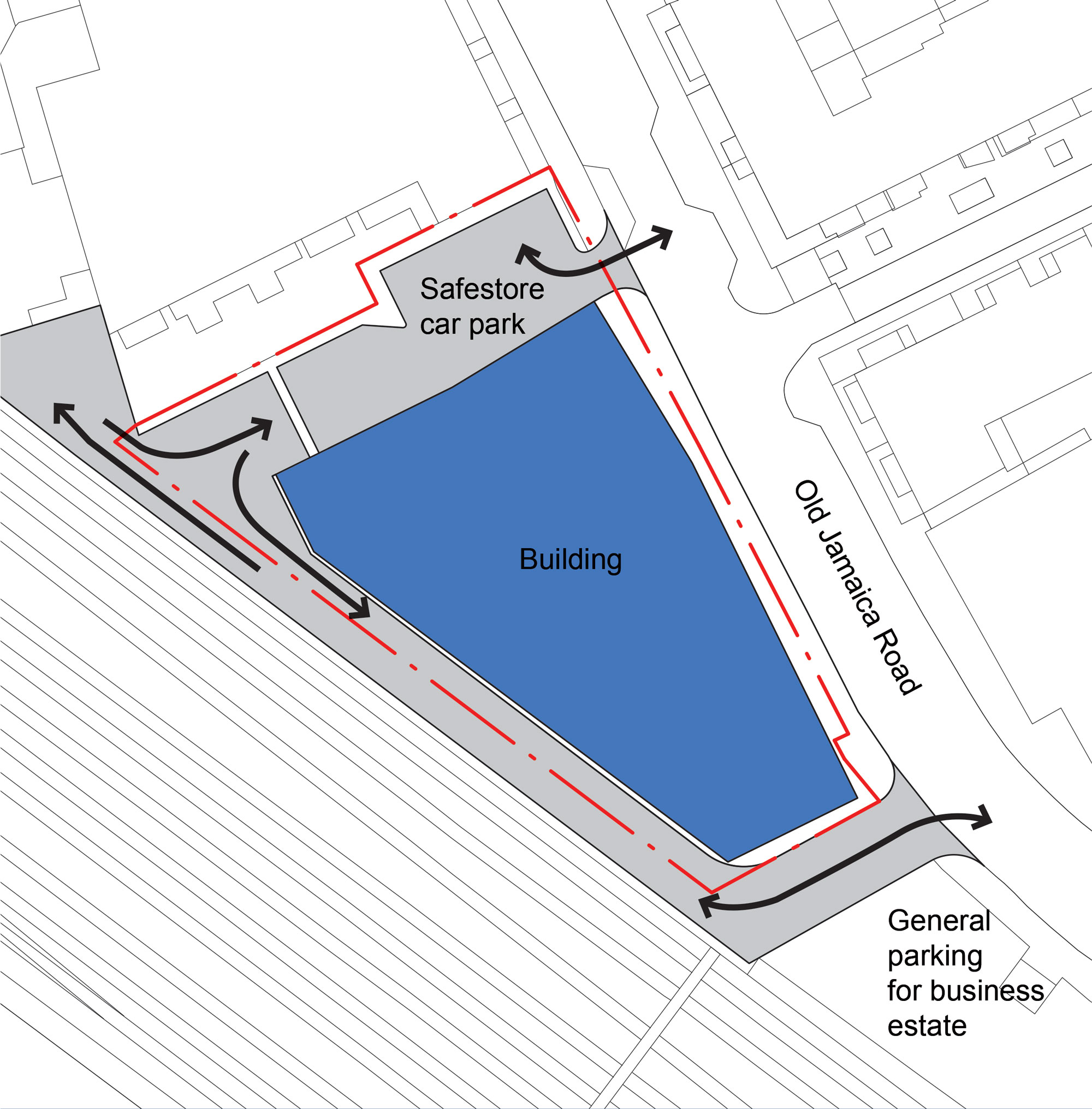 Bird’s-eye view of the site showing the proposed access road and parking