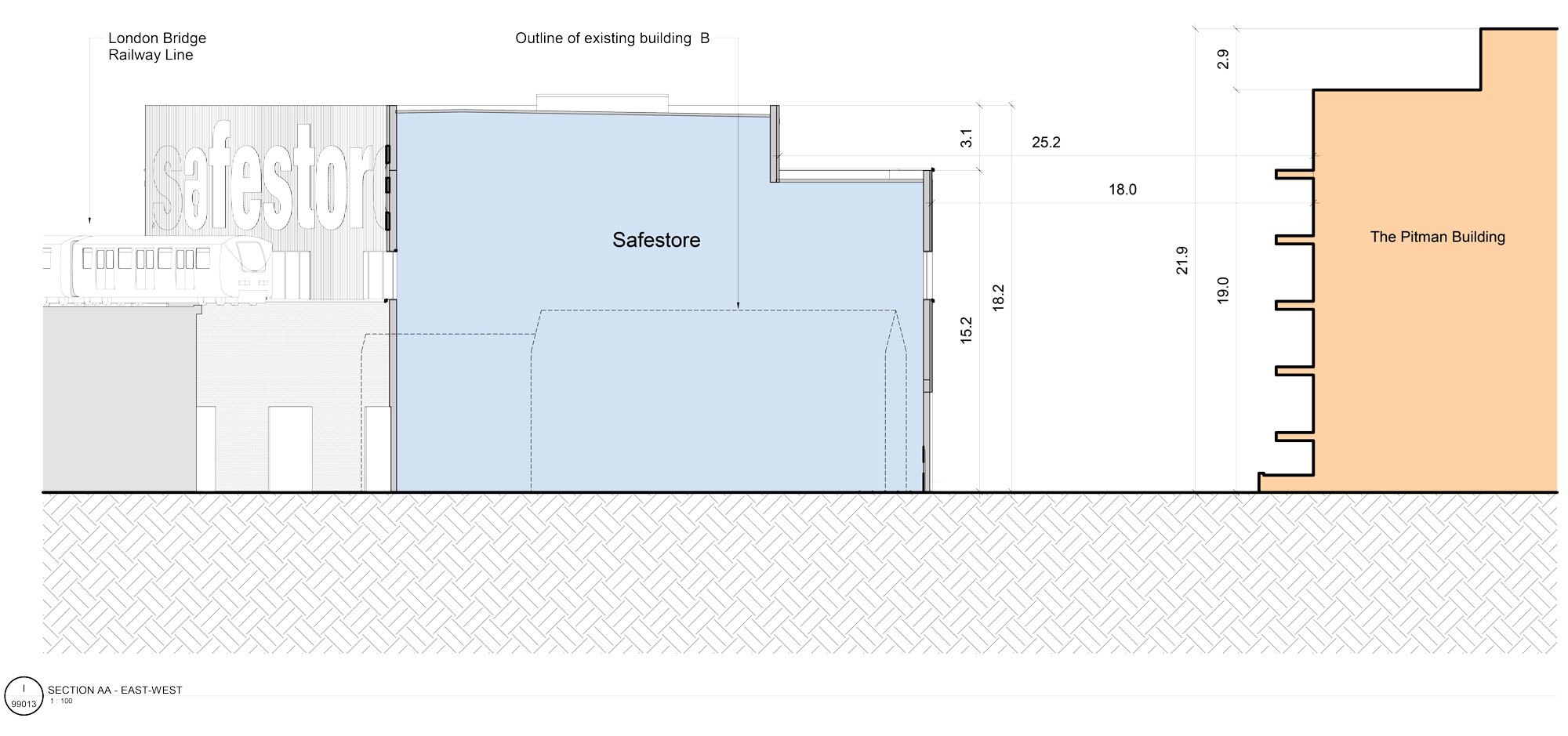 Cross section AA showing dimensions of the proposed facility compared to the Pitman Building, on the corner of Old Jamaica Road and Abbey Street.  The proposed facility would be no taller than the Pitman Building