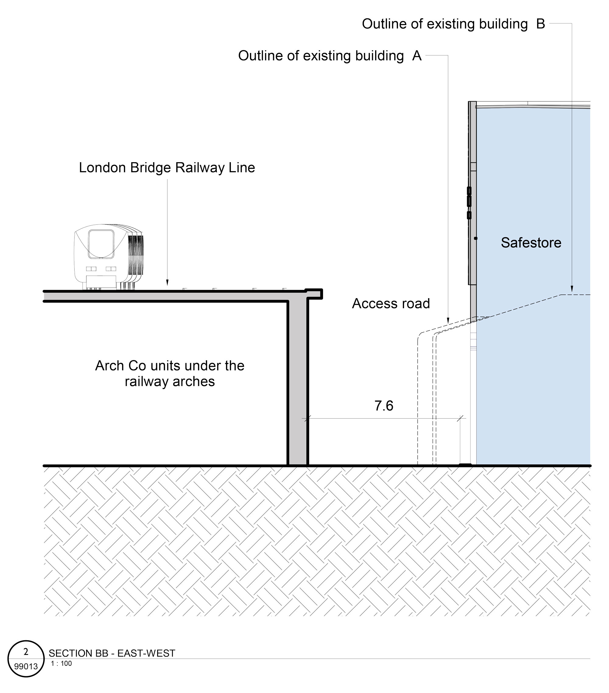 Cross section BB showing dimensions of the proposed facility compared to the railway arches.