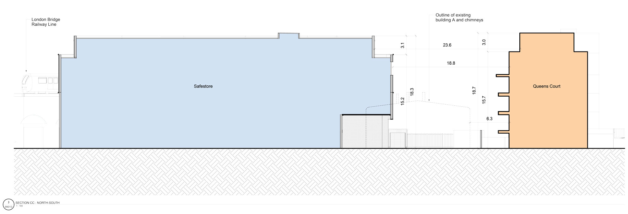  Cross section CC showing dimensions of the proposed facility compared to Queens Court on Old Jamaica Road, including an outline of the current building.  The proposed facility would be no taller than Queens Court, and its northern edge would be more than 18 metres away from Queens Court.