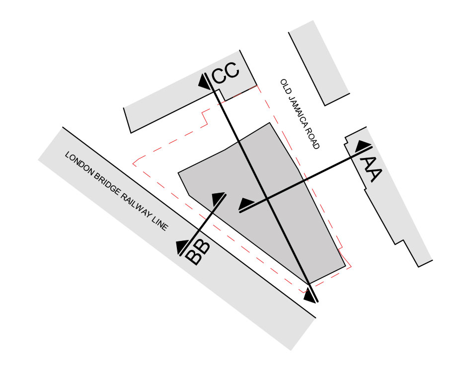 Diagram showing where the cross sections below (AA, BB and CC) have been taken from.