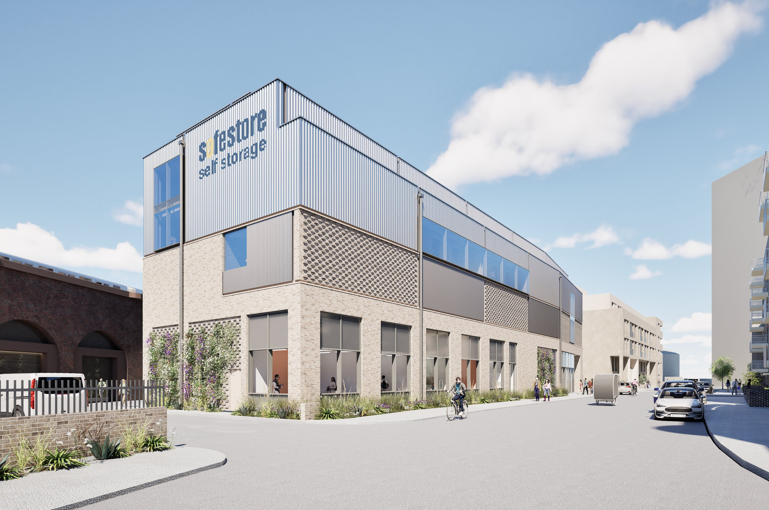 Final amendments to planning application submitted in August 2026 – this is the scheme that Safestore intends to build: The building’s northeastern façade and the area closest to the railway arches, along with the proposed planting changes along Old Jamaica Road.