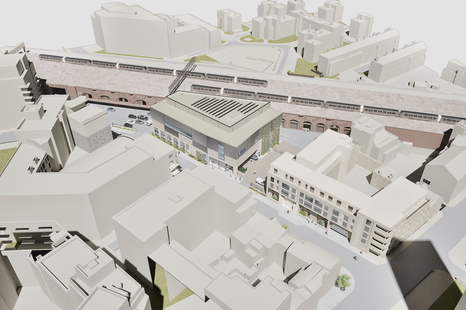 An aerial view of the proposed facility, showing its height and size in the context of surrounding buildings.