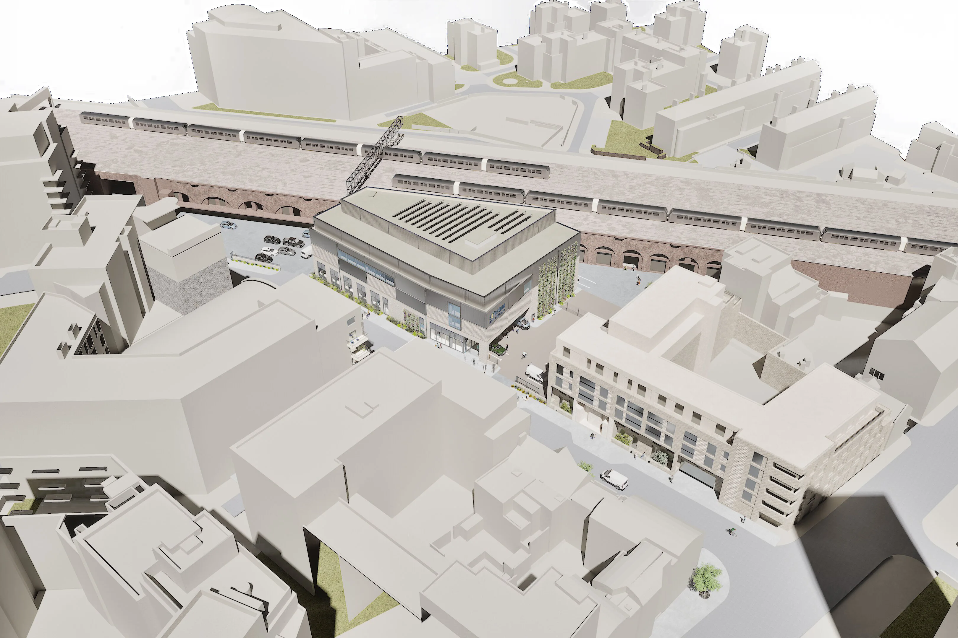 An aerial view of the proposed facility, showing its height and size in the context of the surrounding buildings.