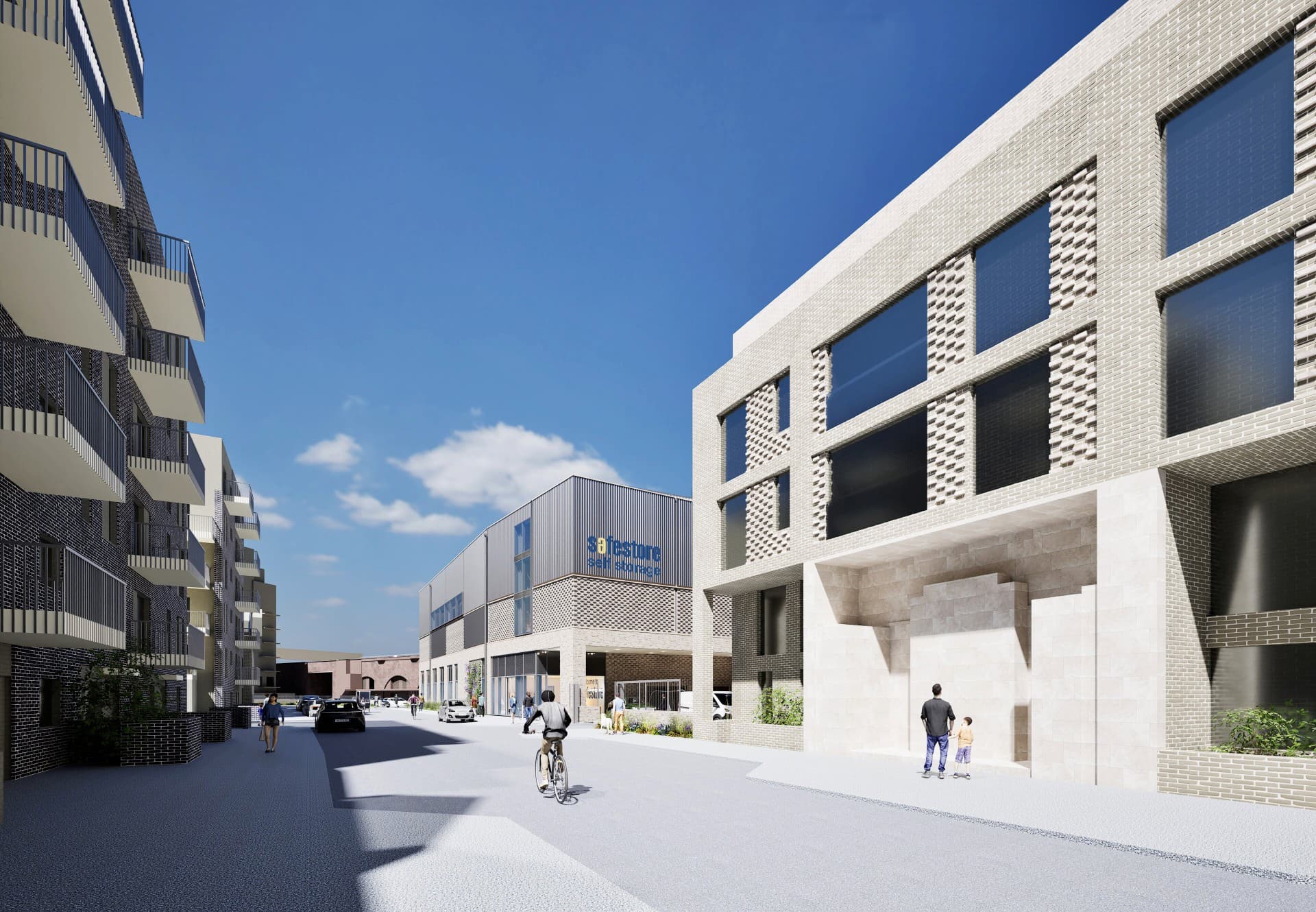 CGI looking south east, showing how the size of the facility aligns with neighbouring buildings, and how its design further integrates with the existing character of Old Jamaica Road.
