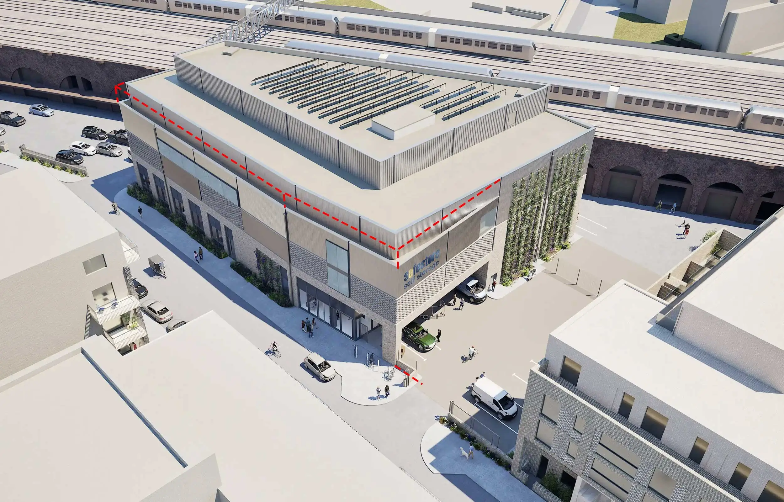 Final amendments to planning application submitted in August 2026 – this is the scheme that Safestore intends to build: The massing of the proposed facility and the gap between it and Queens Court.