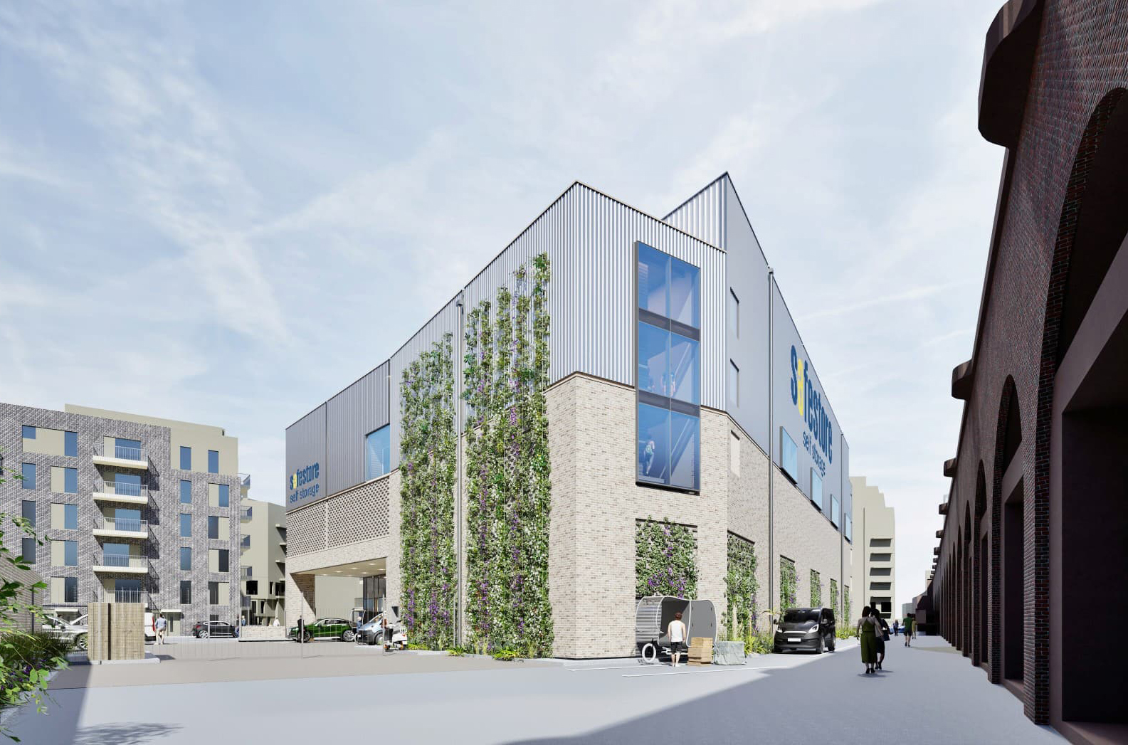 Planning application submitted in July 2026: The building’s northeastern corner and the undercroft entrance, looking north west along the railway arches.