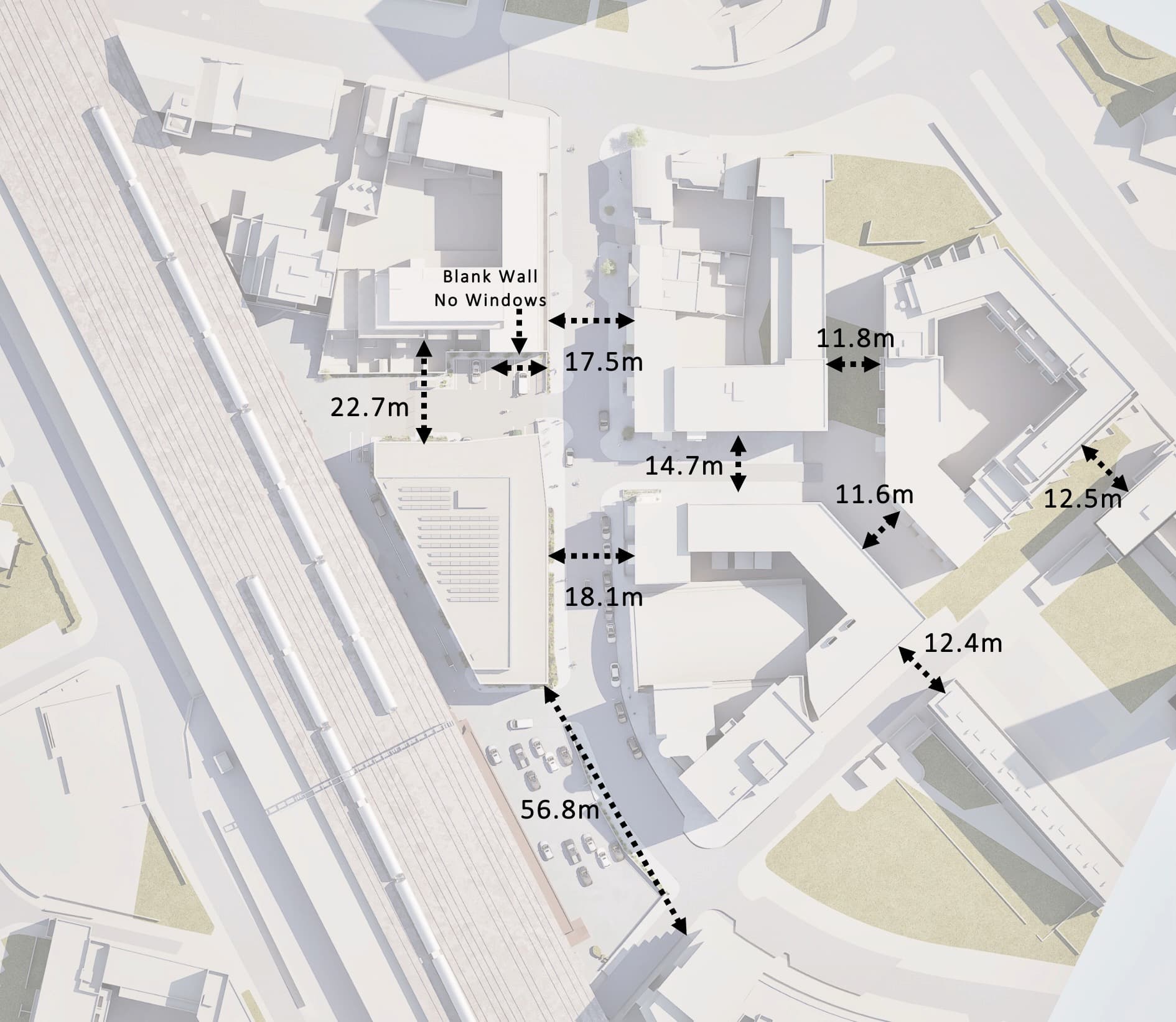 A bird’s eye view of the site on Old Jamaica Road, seen next to the railway line. The numbers show the gaps in metres between other buildings in the area for comparison.